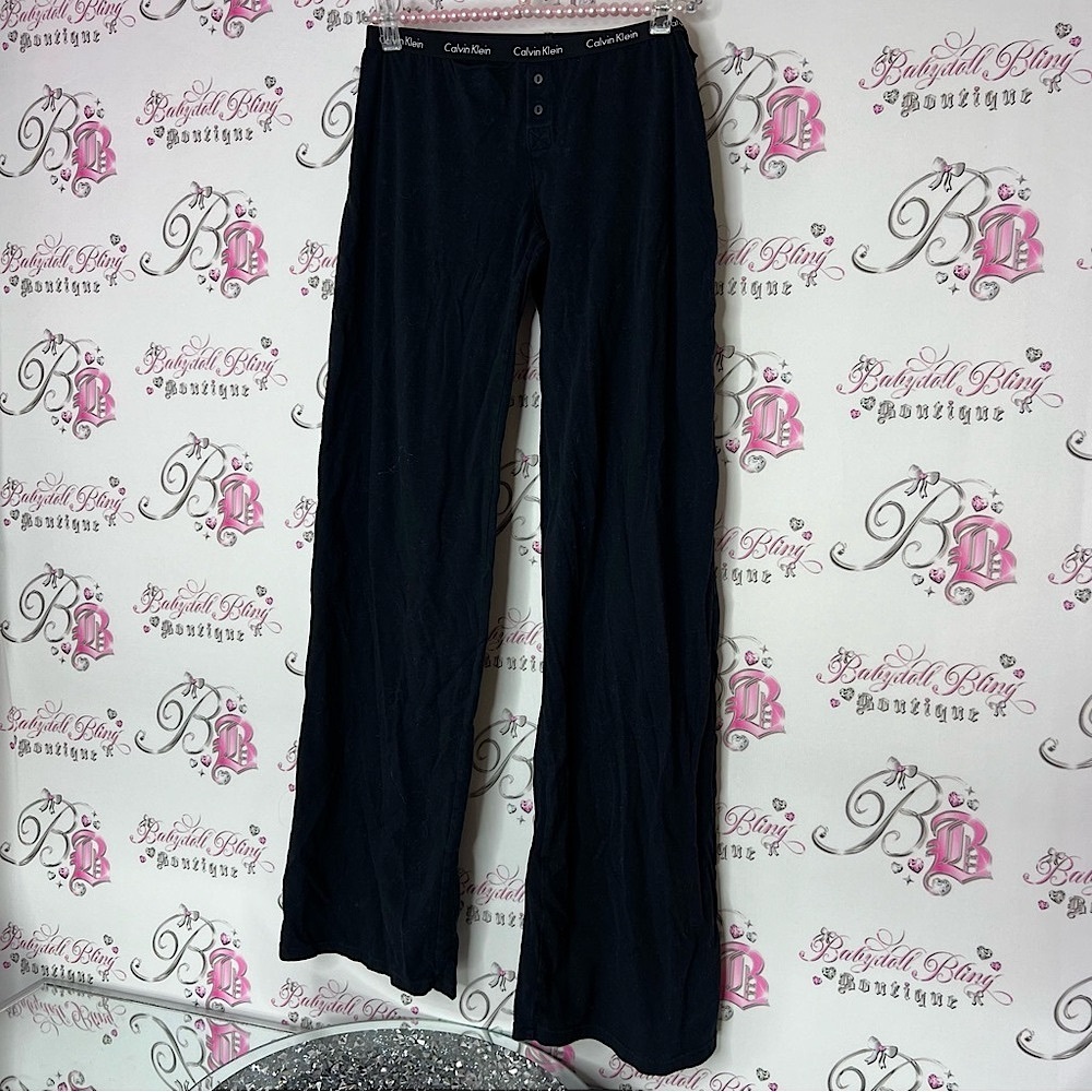 Calvin Klein Black Lounge Bottoms buttons logo waistband flare leg